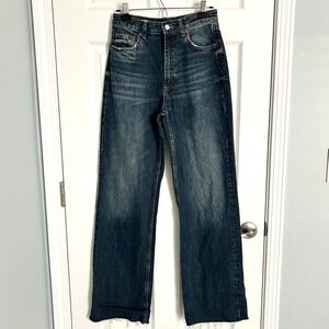 ZARA High Waisted Wide Leg Jeans Denim Blue Raw Hem Size 6